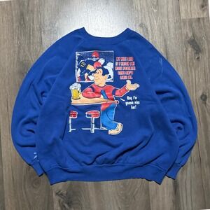 Vintage 80s Cartoon Comedy 'Leave Wife' Football Fan Sweatshirt Blue Graphic XL